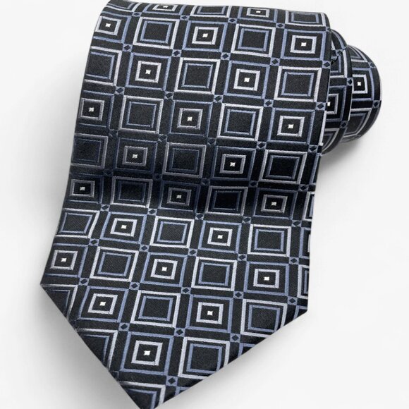David Taylor Silk Tie Geometric Cubes Silver Black Formal Business Dress - Picture 3 of 6